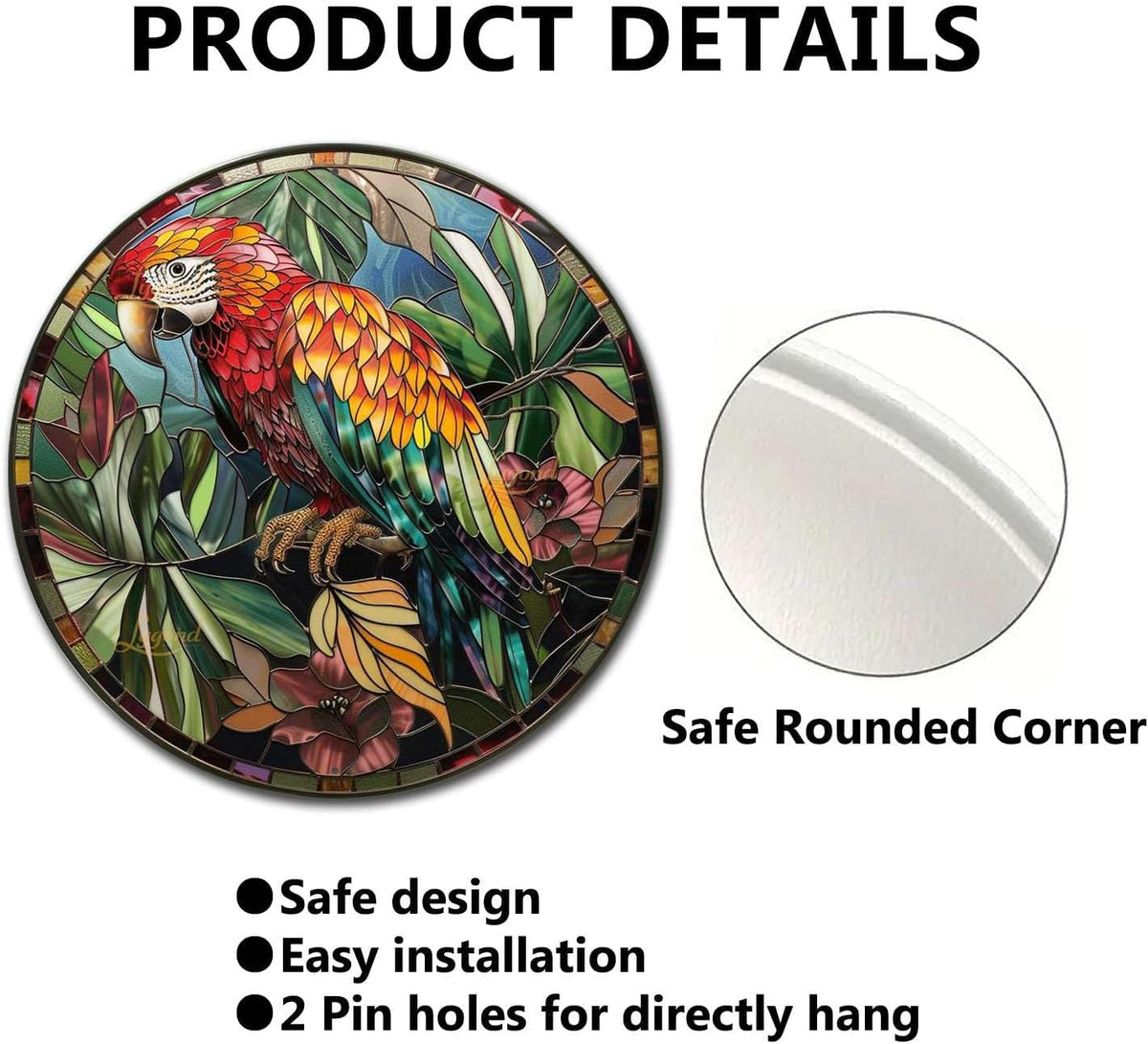 Lygond Metal Sign Tin Sign Circular Stained Glass Parrot Funny Outdoor Decor for Restaurant 12×12