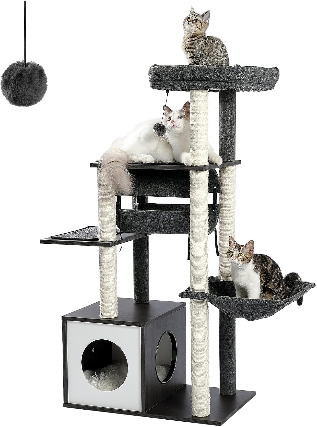PEQULTI 51.4 Inches Modern Cat Tree Premium 6 Levels Wooden Cat Tower with Fully Sisal Covered