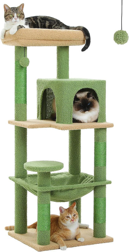 Cactus Cat Tree for Indoor Cats, 45.7" Multi-Level Cat Tower with Large Metal Frame Hammock, Cat