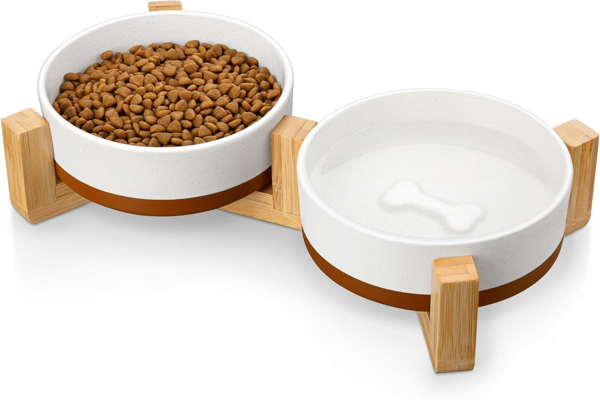MALACASA Ceramic Dog Bowls, Dog Water/Food Dish with Wood Stand Non-Slip,14oz, Pet Basic Bowls for