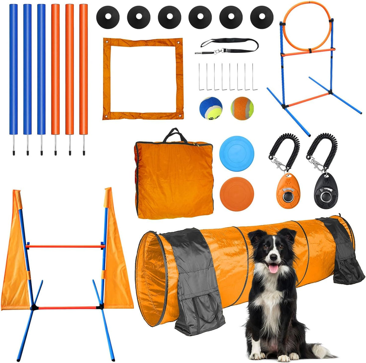 Dog Agility Training Equipment Set Outdoor Indoor Game, Tire Jump + Hurdle Jump, Tunnel, Weave