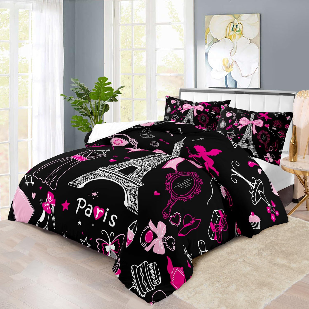 Eiffel Tower Comforter Set Twin Size,Eiffel Tower Bedding Set for Girls, Pink and Black Paris