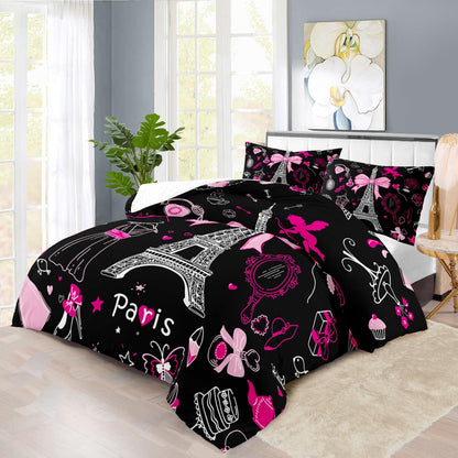 Eiffel Tower Comforter Set Twin Size,Eiffel Tower Bedding Set for Girls, Pink and Black Paris