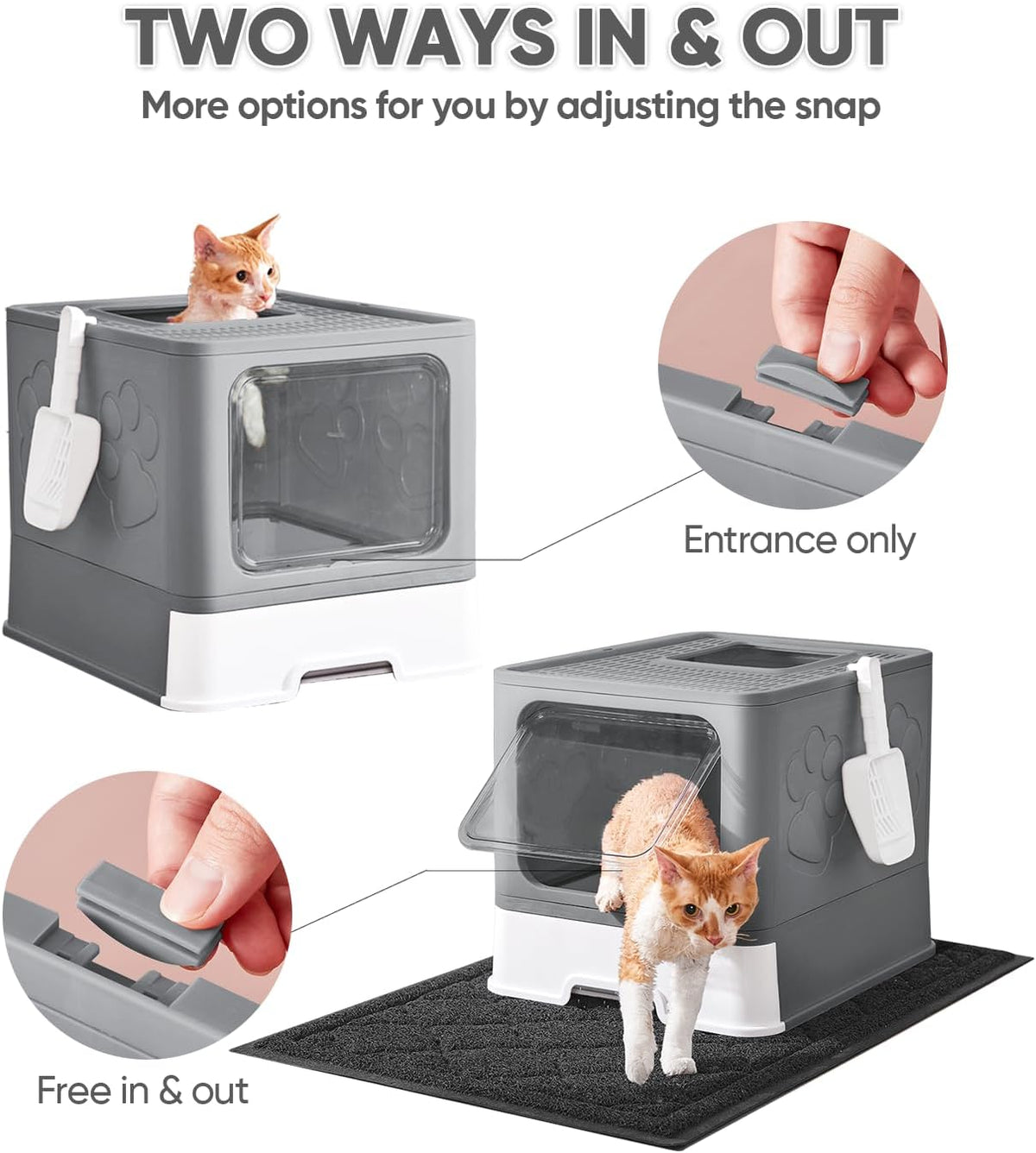 Cat Litter Box with X-Large Litter Mat and Scoop, Large Foldable Litter Box with Lid, Enclosed