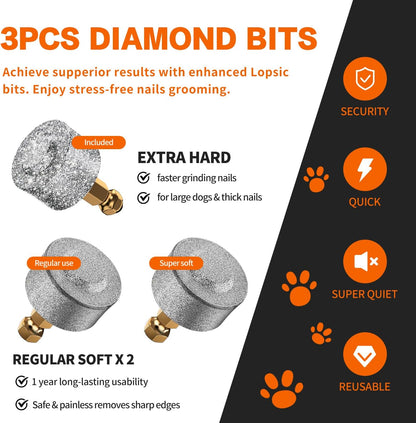 Dog Nail Grinder with 2 LED Lights Powerful 2 Speeds Super Quiet Dog Nail Trimmers with 3 Grinding