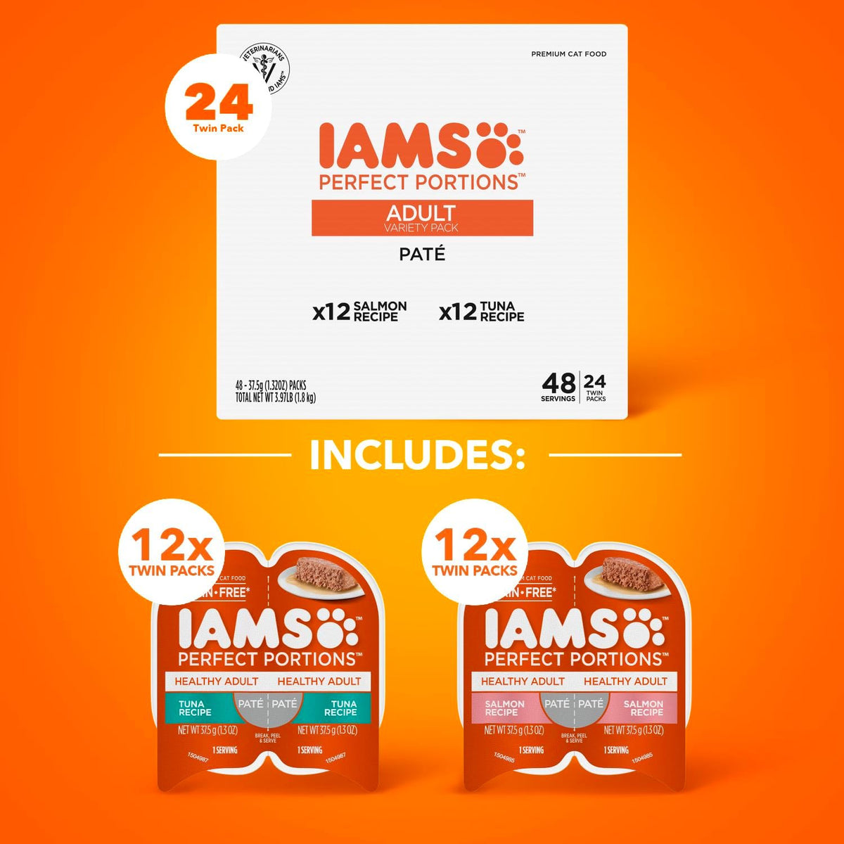 IAMS Perfect Portions Healthy Adult Wet Cat Food Pate, Salmon and Tuna Recipe Variety Pack, 2.6 oz.