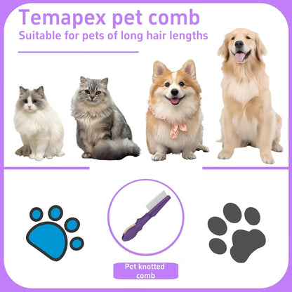 Pet Comb for Grooming Long Haired Cats & Dogs With Stainless Steel Metal Teeth for Shedding and