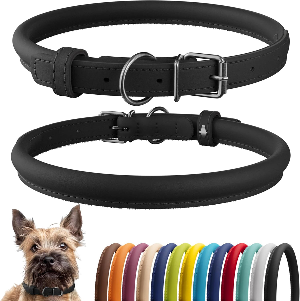 CollarDirect Rolled Leather Dog Collar, Soft Padded Round Puppy Collar, Handmade Genuine Leather