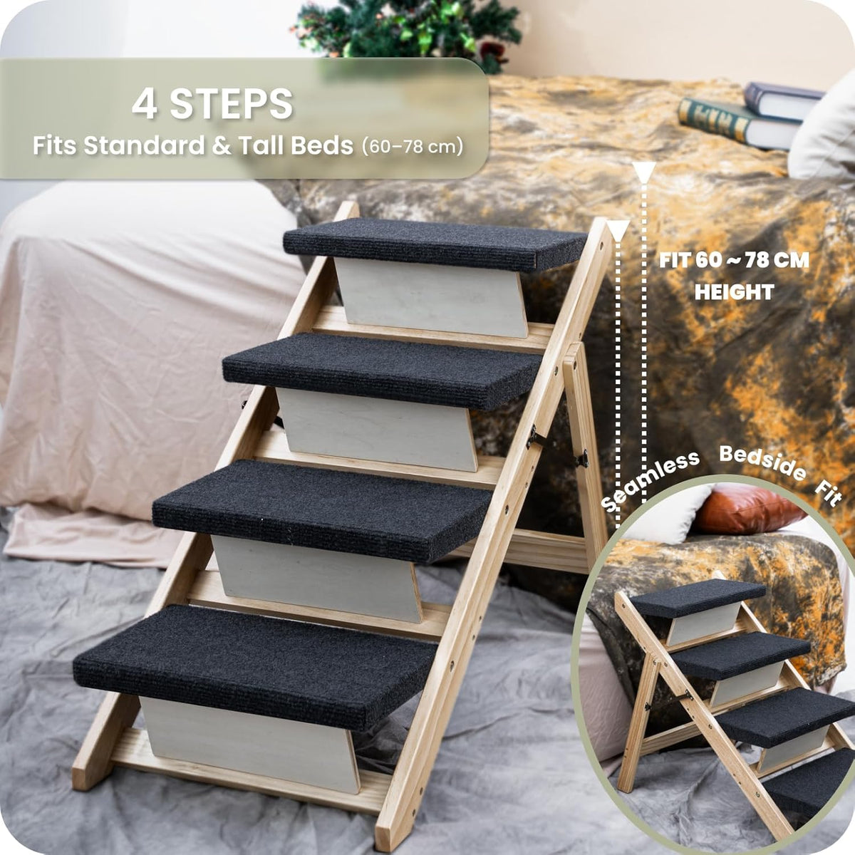 MEWANG Wood Pet Stairs & Ramp for Small/Medium Dogs and Cats, Aging Pets – 3-in-1 Foldable