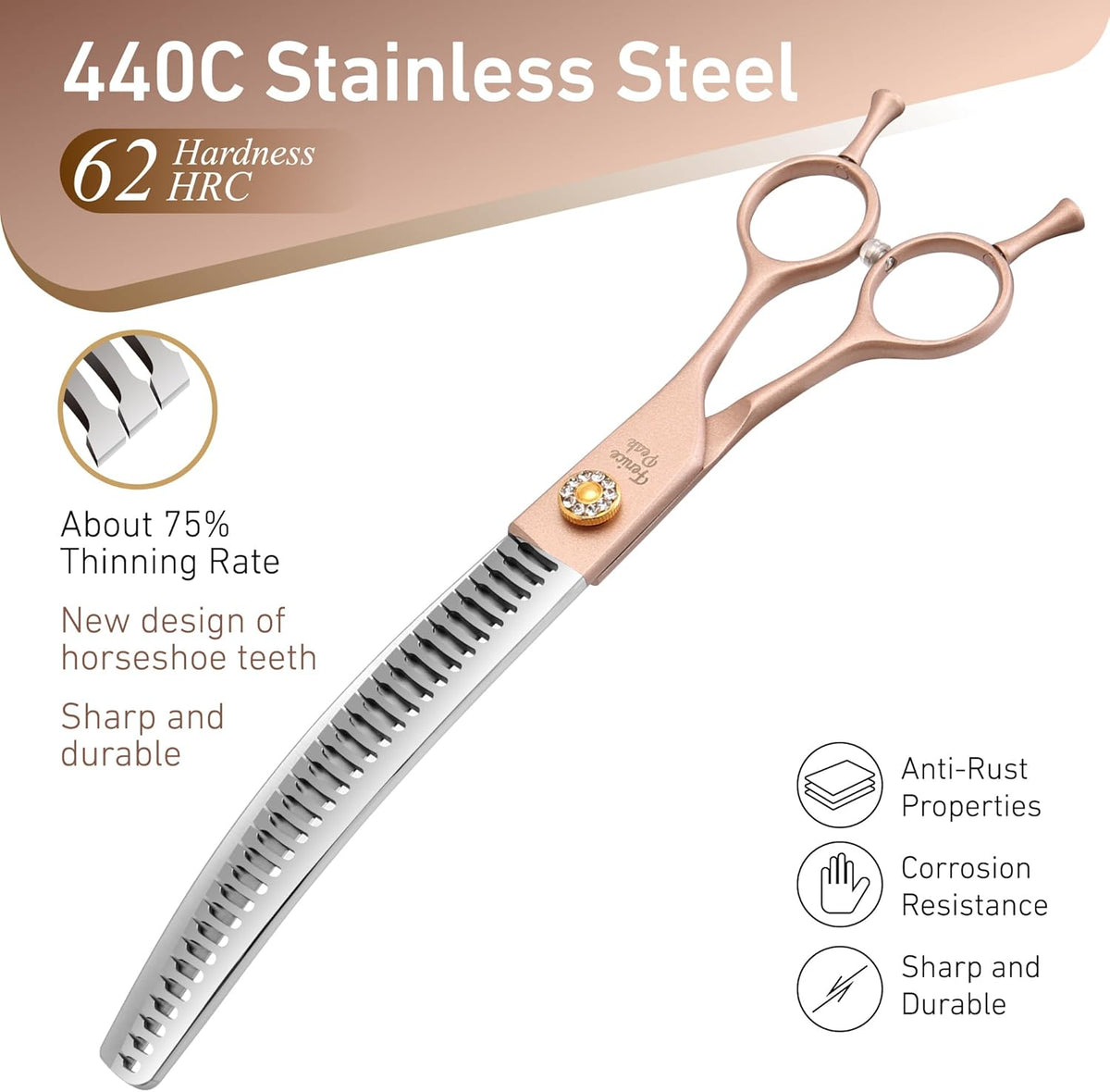 Fenice Peak Professional Curved Chunker Dog Grooming Scissors 7.0'' Rose Gold Thinning Shears