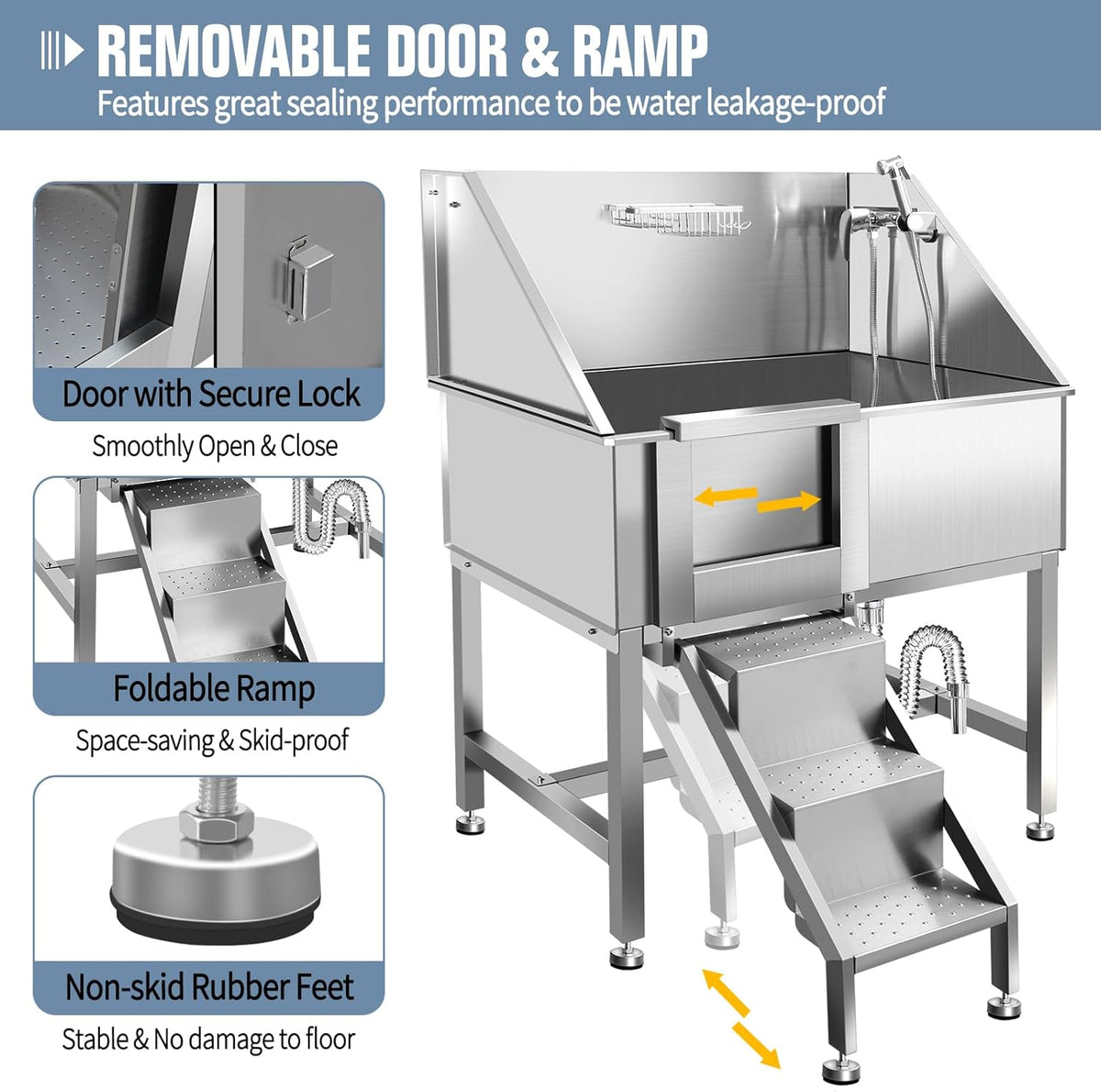 38" Pet Dog Bathing Station W/Ramp, Professional Stainless Steel Dog Grooming Tub W/Soap Box