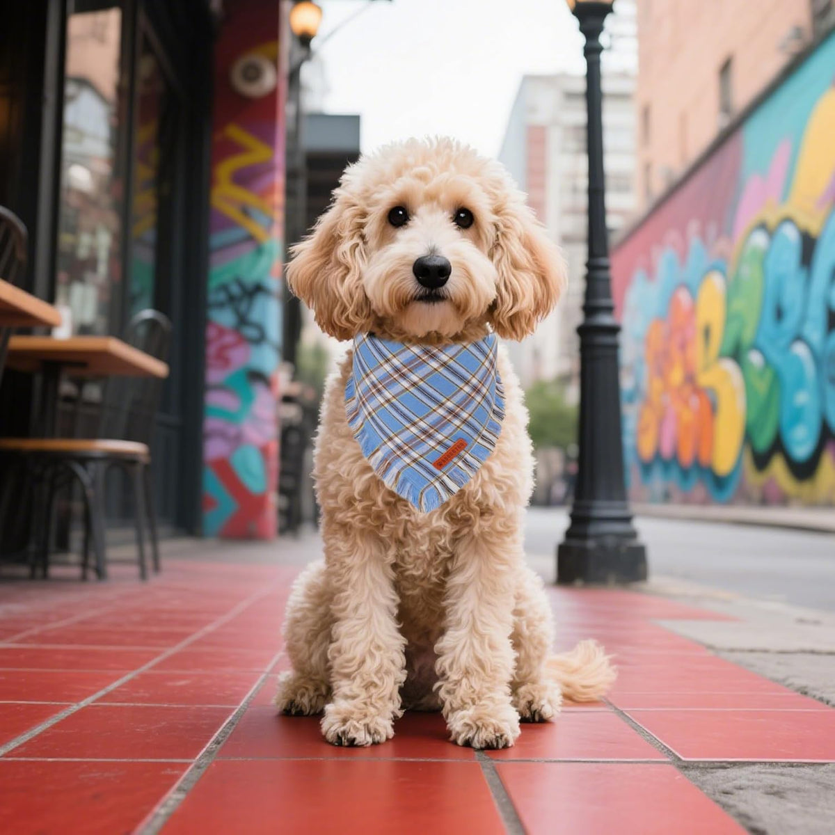 ADOGGYGO Dog Bandanas Boy with Tassels Edges, Stylish Blue Plaid Pet Scarf, Soft Cotton Fabric
