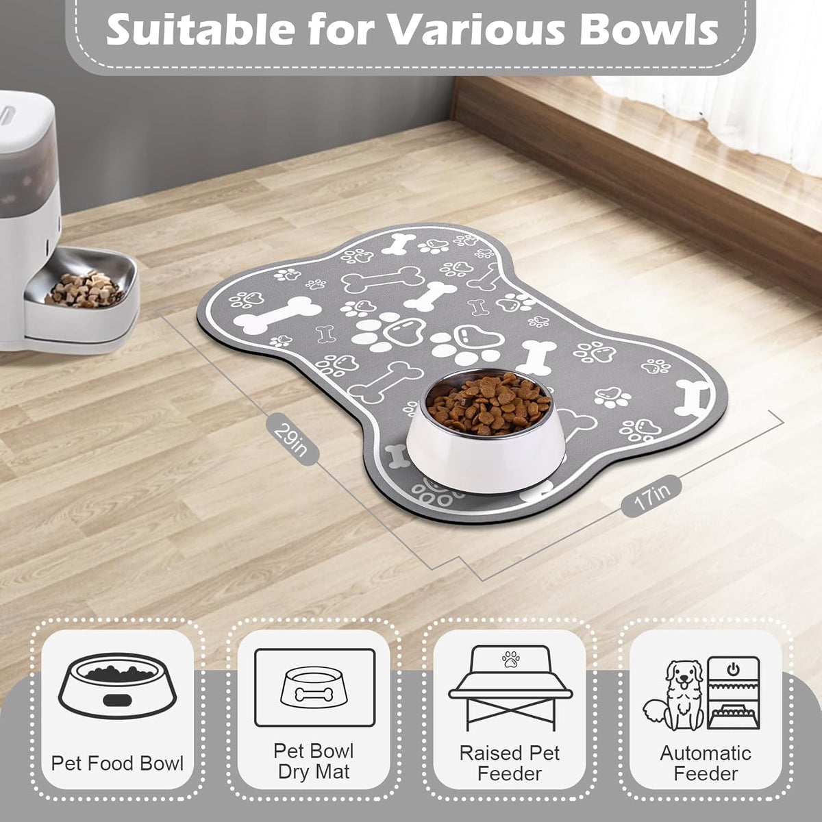 Dog Cat Food Mat, Rapid Absorbent Pet Feeding Placemat, Bone Shaped With Rubber Backing, No Stains