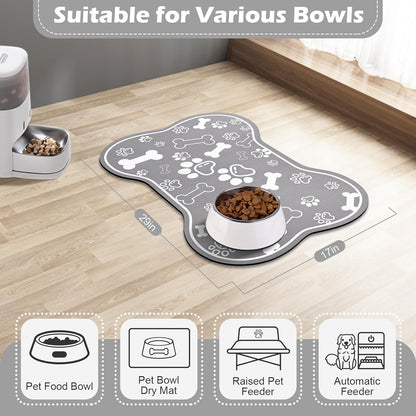 Dog Cat Food Mat, Rapid Absorbent Pet Feeding Placemat, Bone Shaped With Rubber Backing, No Stains