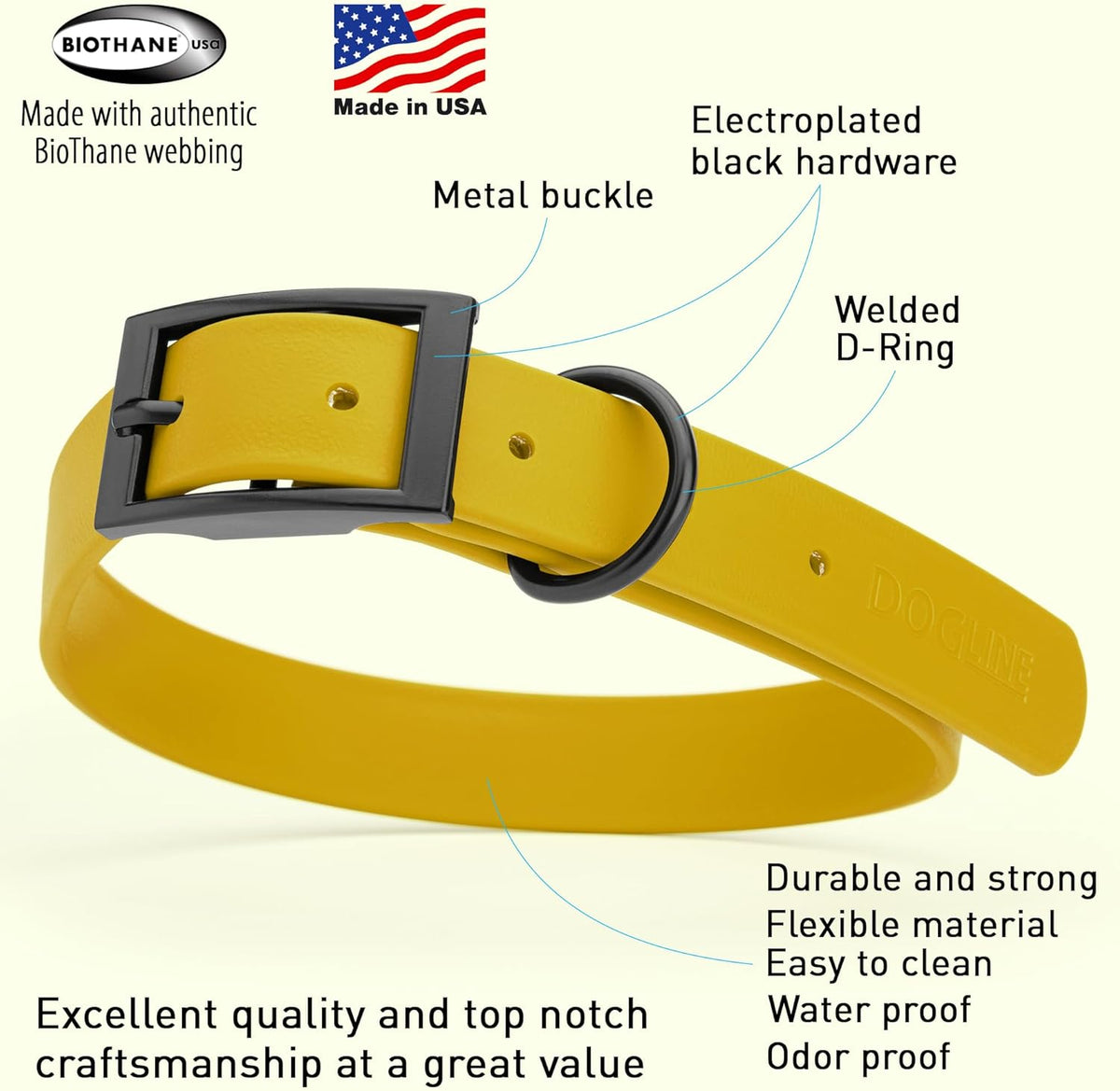 Dogline Biothane Waterproof Dog Collar Strong Coated Nylon Webbing with Black Hardware Odor- Proof