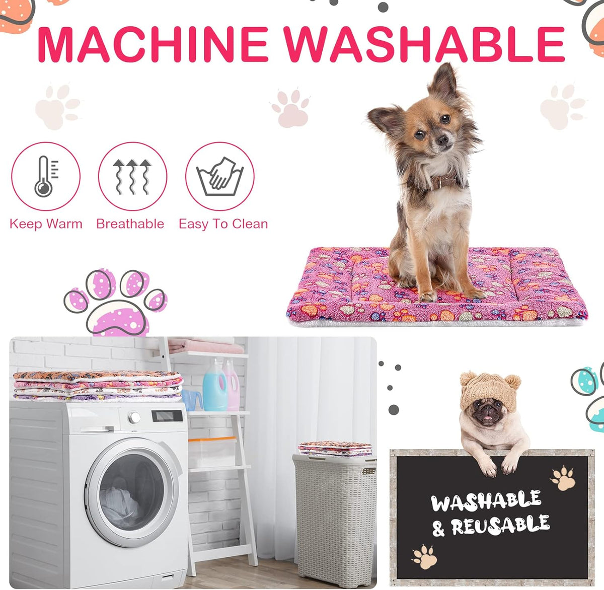 4 Pack Ultra Soft Dog Cat Bed Mat with Cute Prints Reversible Fleece Dog Crate Kennel Pad Cozy