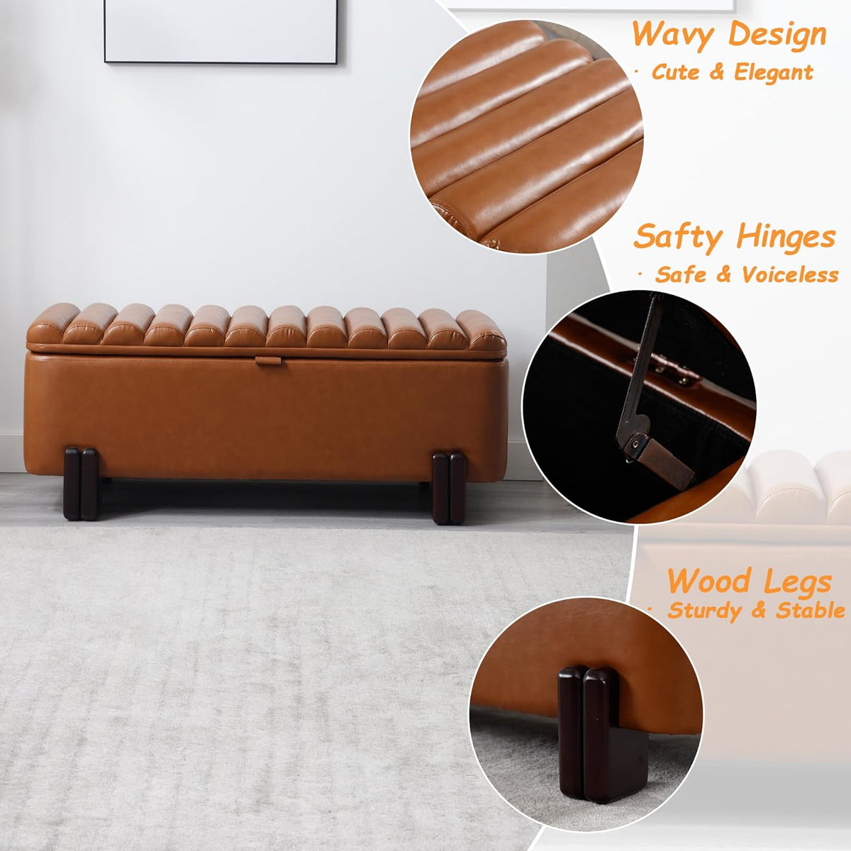 Kmax 45" Storage Bench PU Leather Entryway Bench Upholstered Ottoman Bench with Wavy Top & Safty