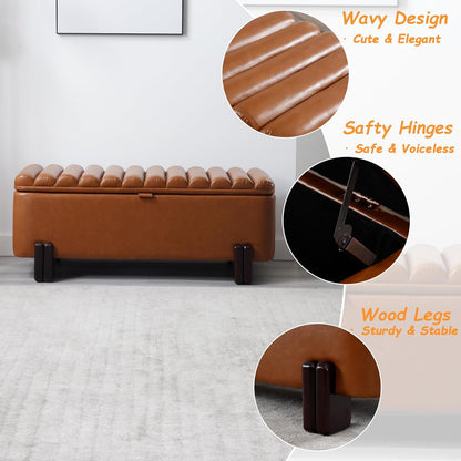 Kmax 45" Storage Bench PU Leather Entryway Bench Upholstered Ottoman Bench with Wavy Top & Safty