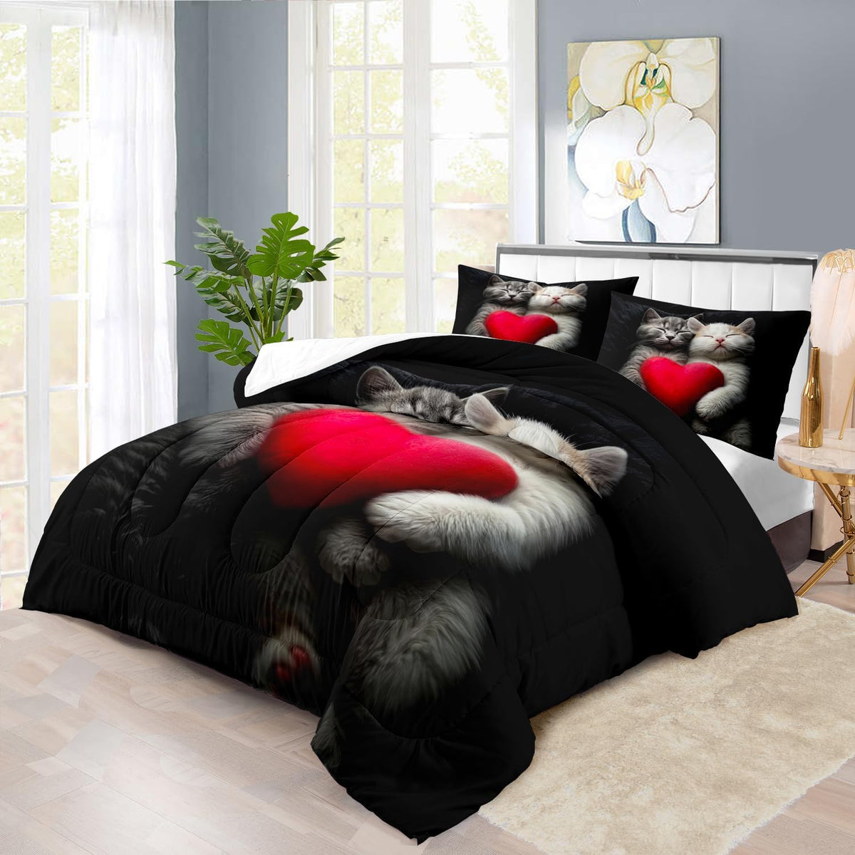 Cute Cat Comforter Set King,Kawaii Cat Bedding Set for Girls,Cute Animal Comforter Red Love Heart
