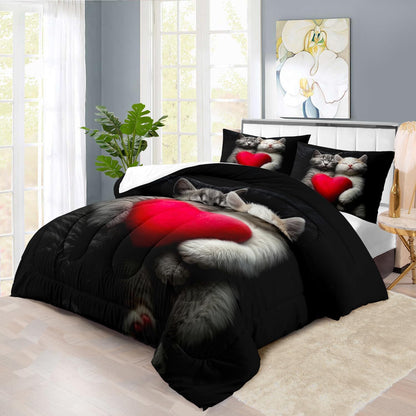 Cute Cat Comforter Set King,Kawaii Cat Bedding Set for Girls,Cute Animal Comforter Red Love Heart