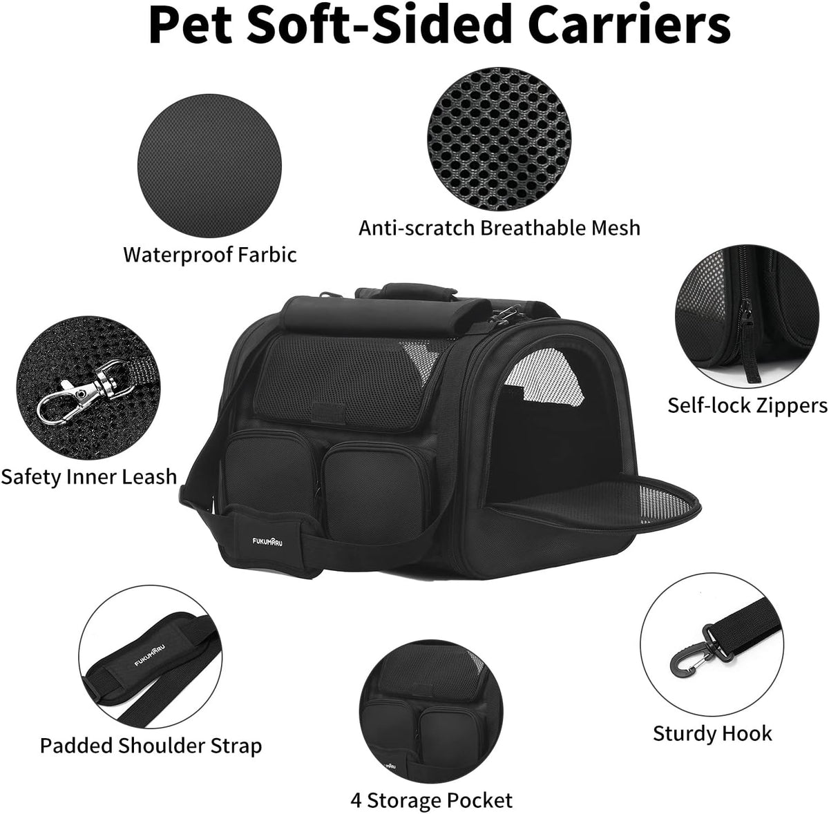 FUKUMARU Cat Carrier, 4 Mesh Windows Small Dog Carrier, 4 Storage Pockets Cat Travel Bag, Under 15
