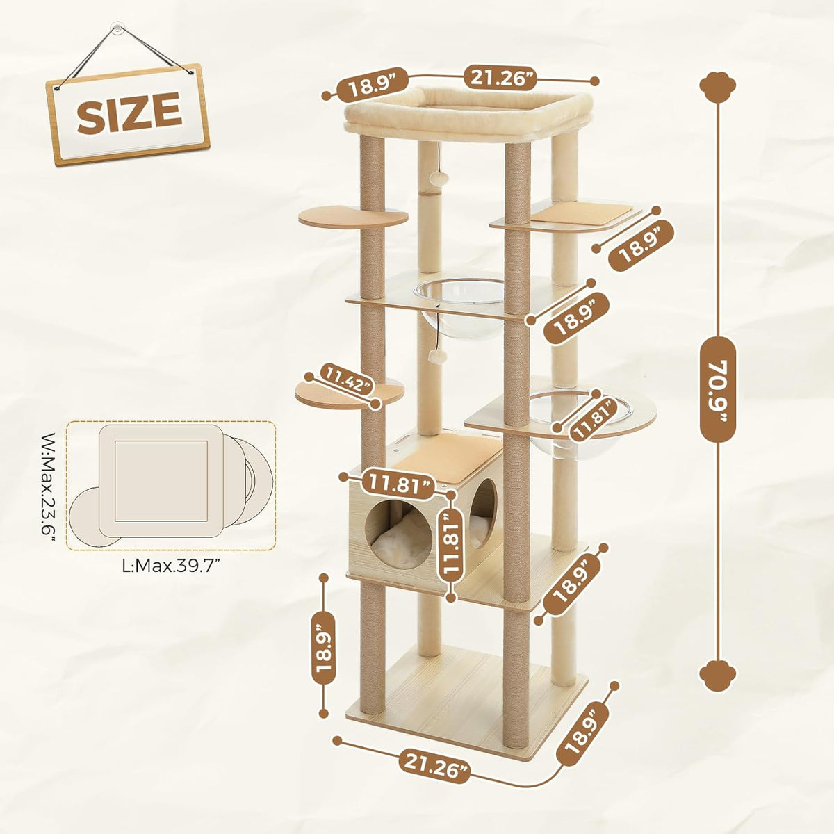 PEQULTI 71'' Cat Tree, Tall Wood Cat Tower for Indoor Cats with 2 Acrylic Cat Hammock, Multi-Level