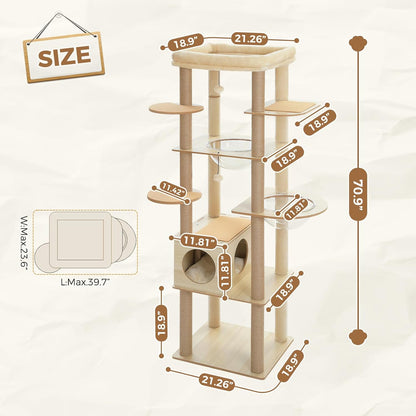 PEQULTI 71'' Cat Tree, Tall Wood Cat Tower for Indoor Cats with 2 Acrylic Cat Hammock, Multi-Level