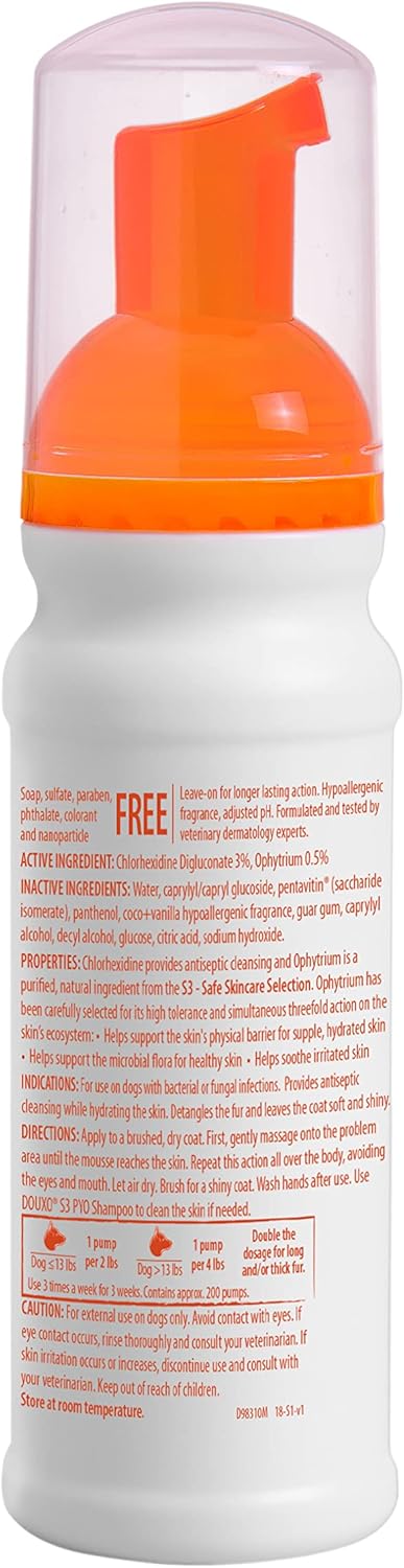 Douxo S3 Pyo Mousse, Contains 3% Chlorhexidine & 0.5% Ophytrium, Antiseptic & Hydrating, for