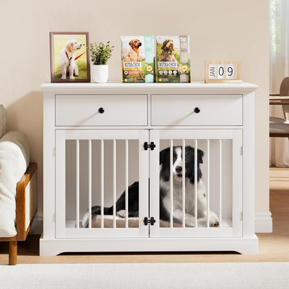 PUKAMI 44inch Dog Crate Furniture with Drawers,Wooden Dog Kennel Furniture for Large Breed,White