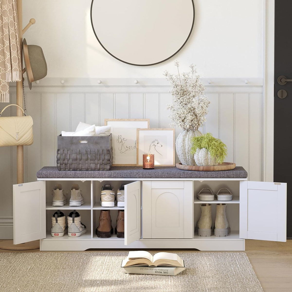 DINZI LVJ Shoe Bench, Entryway Storage Bench with Doors, Cushion, 2-Tier Shoe Rack with 8-Cubby