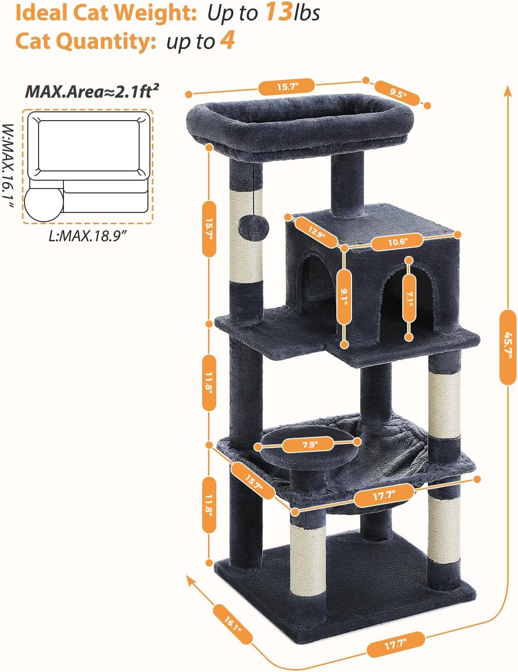 PETEPELA 45.7" Cat Tree for Indoor Cats, 5-Level Cat Tower for Large Cats with Metal Frame Large