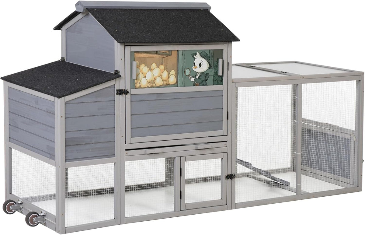 COZIWOW 82" Large Wooden Chicken Coop, Outdoor Rabbit Hutch with Wheels, Sunshine Board, Asphalt
