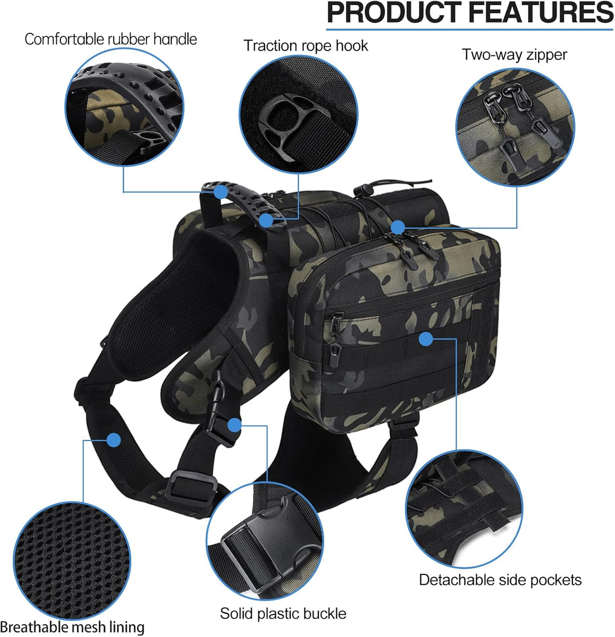 BYGD Dog Saddle Backpack for Hiking, Lightweight Waterproof Harness with Removable Bags for Large