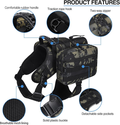 BYGD Dog Saddle Backpack for Hiking, Lightweight Waterproof Harness with Removable Bags for Large