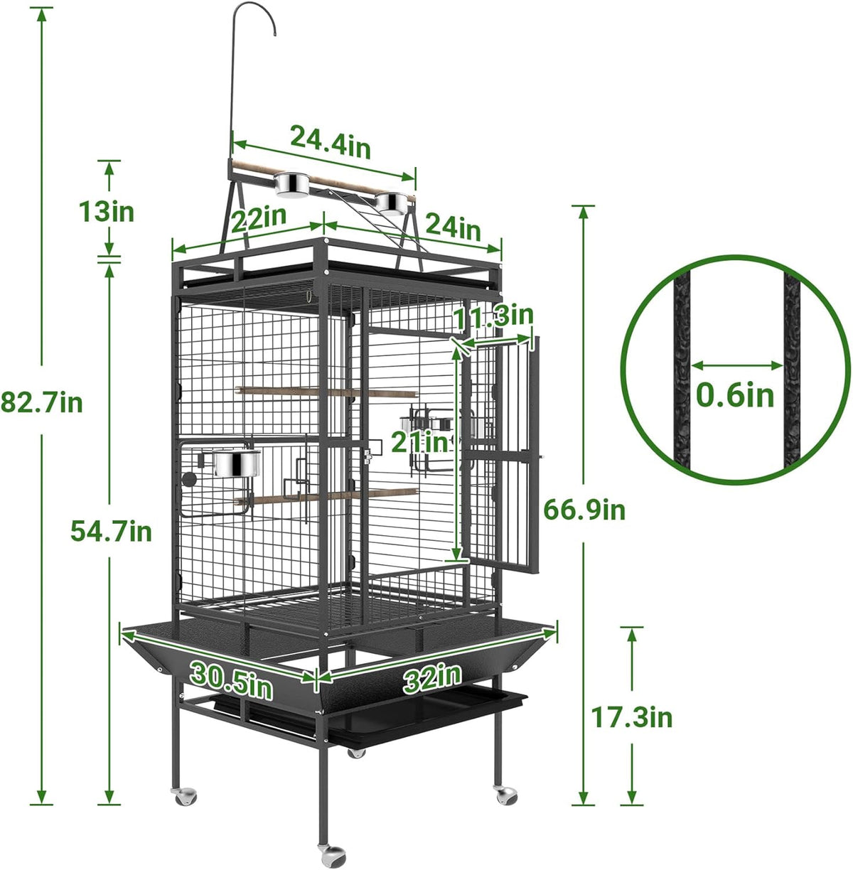 82 Inch Bird Cage, BOINN Bird Flight Cages with Rolling Stand & Bottom Tray, Wrought Iron Parrot