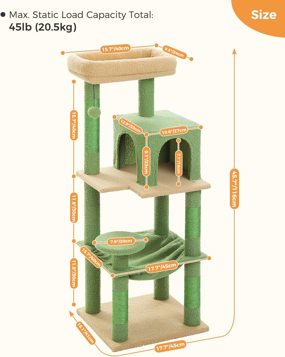 Cactus Cat Tree for Indoor Cats, 45.7" Multi-Level Cat Tower with Large Metal Frame Hammock, Cat