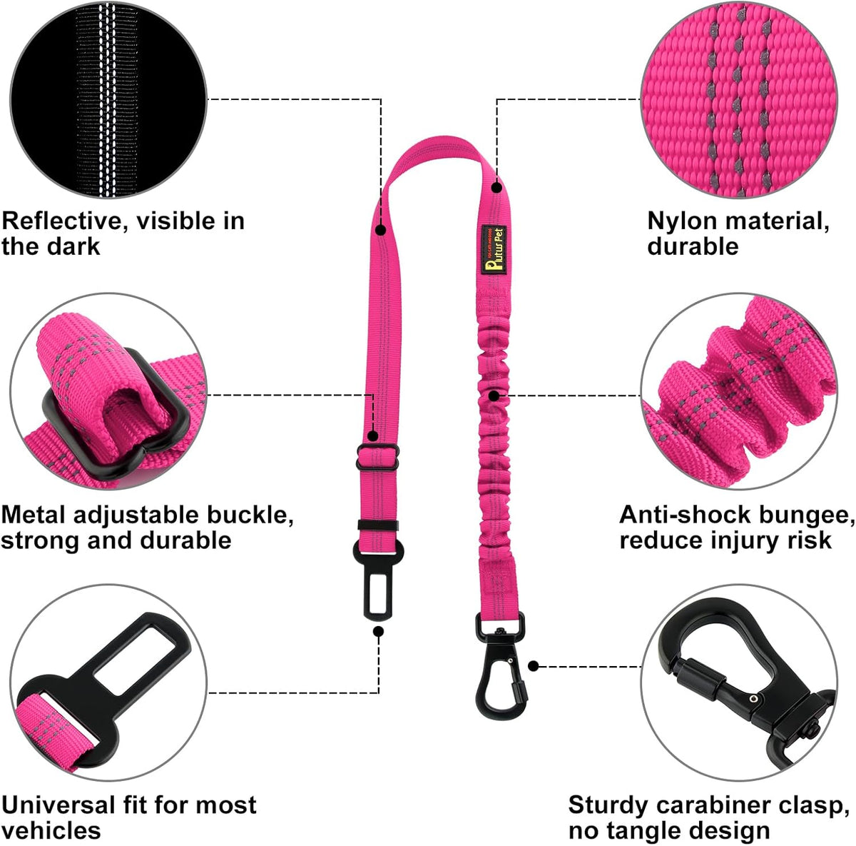 Plutus Pet Dog Seat Belt for Car, Adjustable Dog Car Harness with Carabiner Clip, Reflective Safety