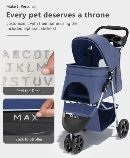 Pet Stroller with 3 Wheels for Small/Medium Pets, Portable Travel Foldable Carrier Jogger for Dog