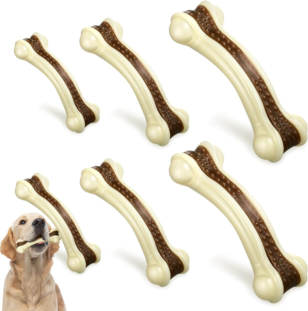 Sosation 6 Pcs Dog Toys for Aggressive Chewers Nylon Beef Flavor Bones Tough Puppy Teething Toys