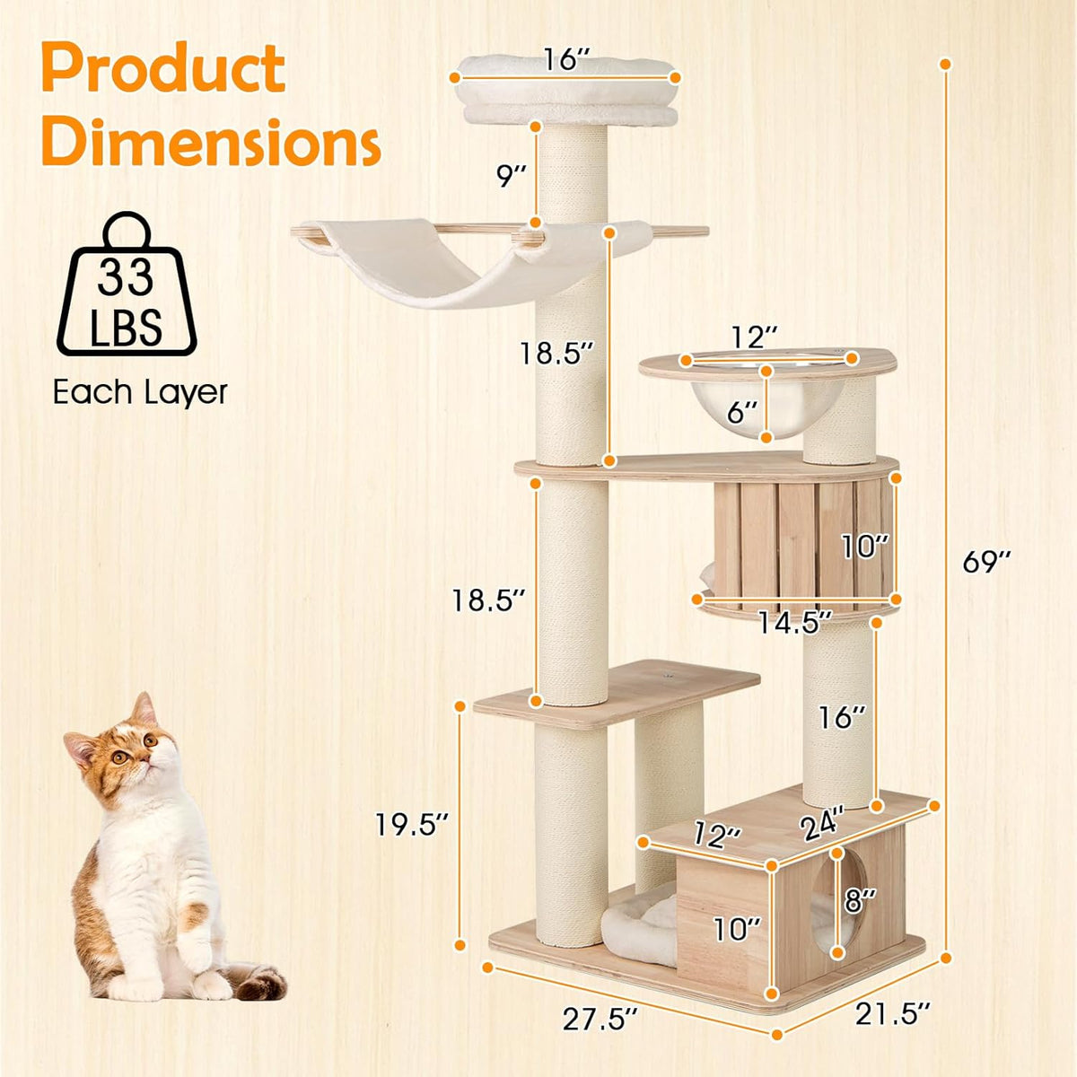 Tangkula 69” Tall Cat Tree, Multi-Layer Wood Cat Tower with Scratching Posts, Perch, Condo, Space
