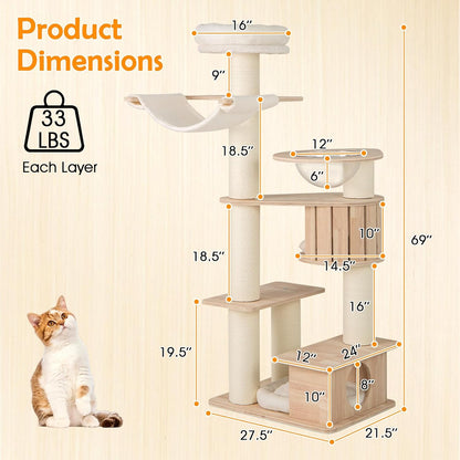 Tangkula 69” Tall Cat Tree, Multi-Layer Wood Cat Tower with Scratching Posts, Perch, Condo, Space