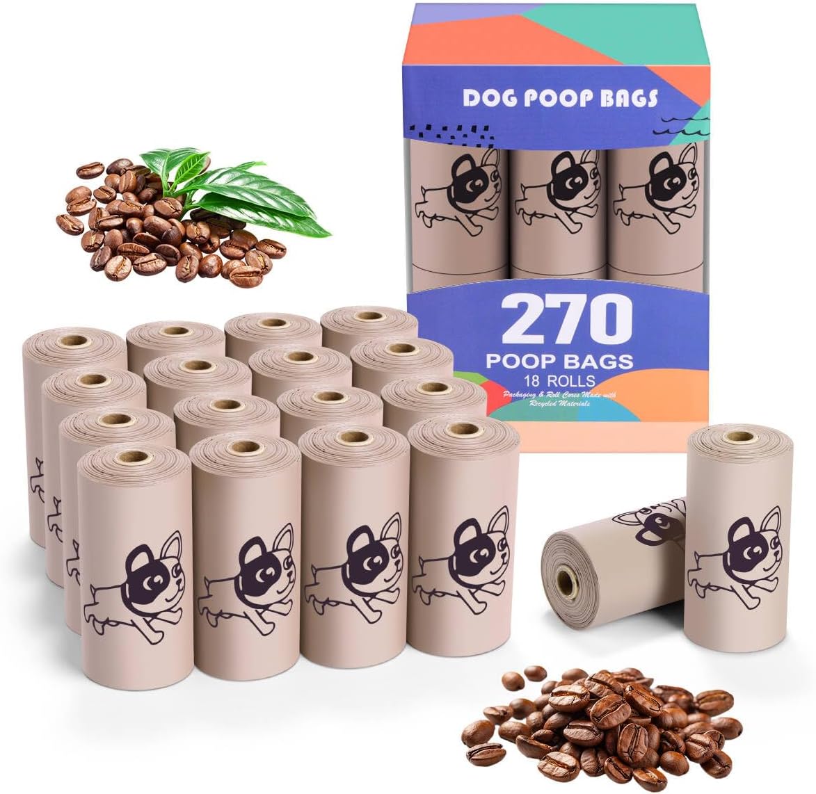 Coffee Dog Poo Bags Coffee scent - 270 Large Biodegradable Poop Bags, Extra Thicken Strong Corn