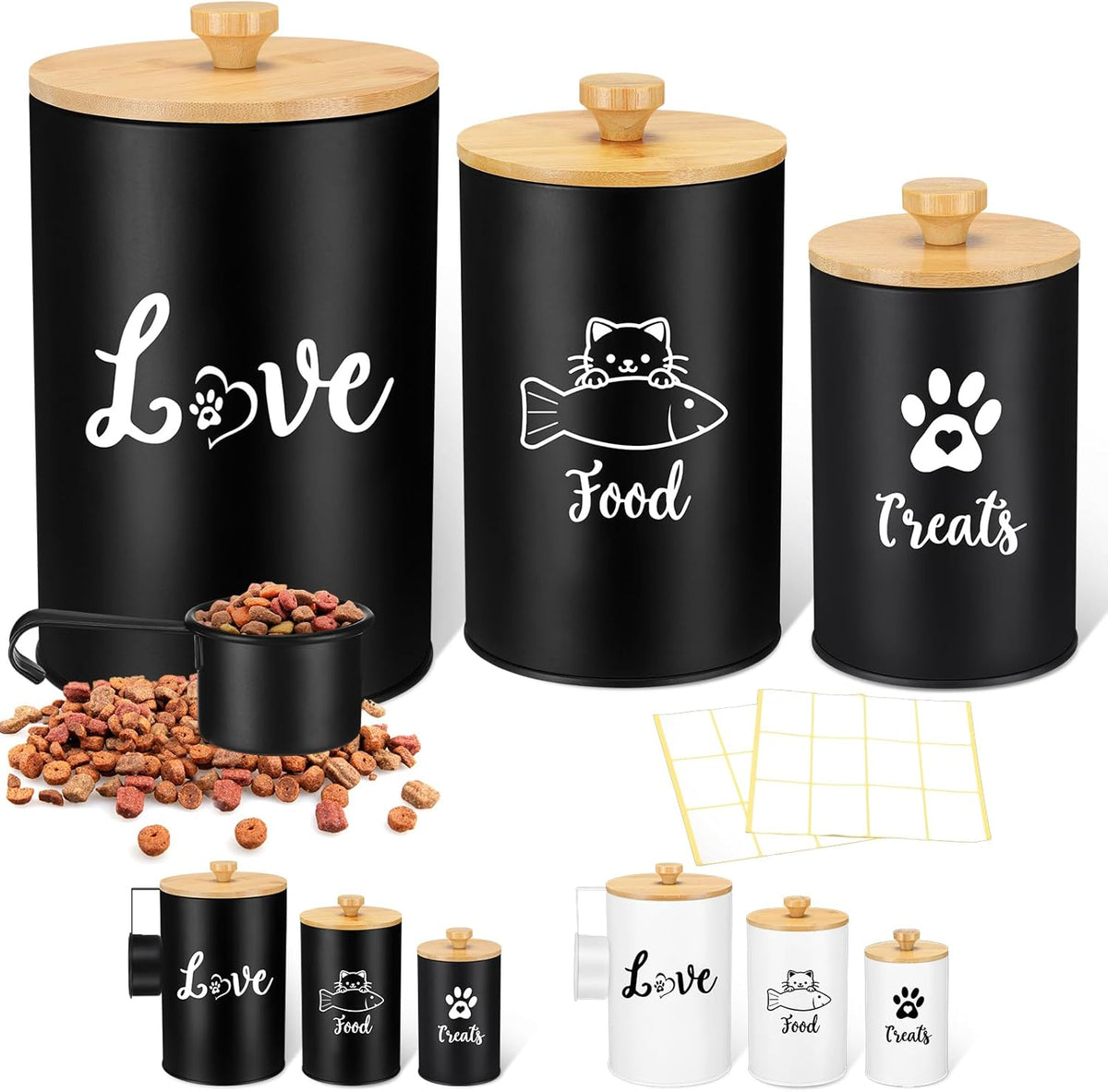 Metal Airtight Cat Treat Container Set of 3 with Bamboo Lids and Spoon Cat Food Storage Container