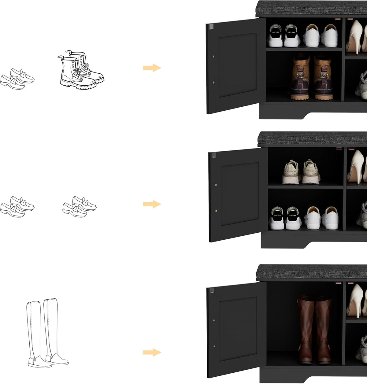 2-Tier Storage Bench, Shoe Bench with Padded Seat Cushion, Entryway Bench with 2 Barn Doors