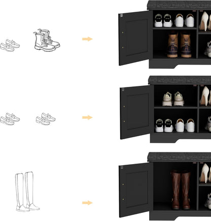 2-Tier Storage Bench, Shoe Bench with Padded Seat Cushion, Entryway Bench with 2 Barn Doors