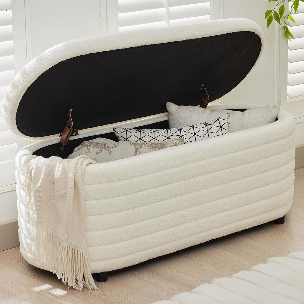 Storage Teddy Ottoman Bench Upholstered Fabric Storage Bench End of Bed Stool with Safety Hinge for