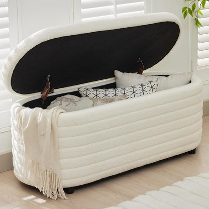 Storage Teddy Ottoman Bench Upholstered Fabric Storage Bench End of Bed Stool with Safety Hinge for