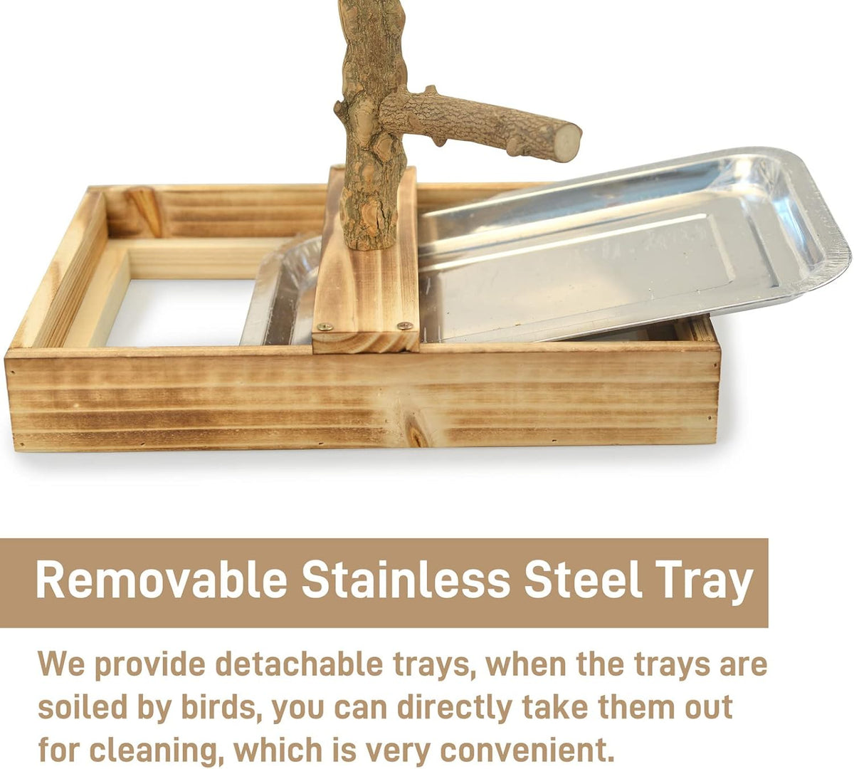 Natural Wood Bird Toys Playground, Bird Cage Accessories, Bird Perches, with Removable Tray and 2
