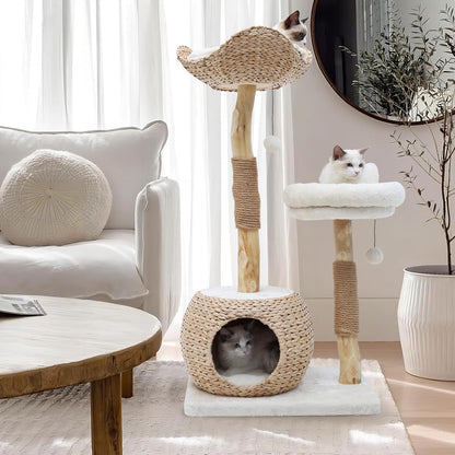 Modern Cat Tree Tower for Indoor Cats, Real Branch Luxury Cat Condo with Scratching Post, Jumping
