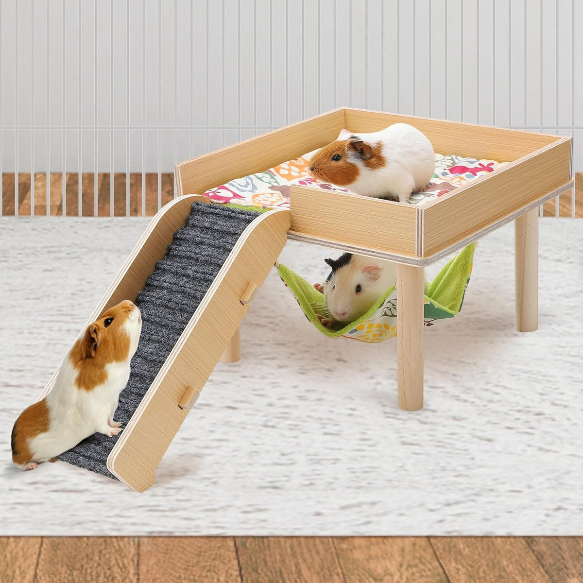 Guinea Pigs Hammock with Platform, Safe Wooden Guinea Pig Hideout with Stairs, Durable Small Pet
